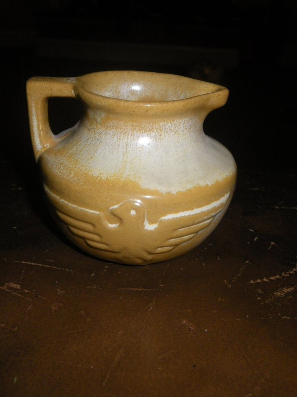 Vintage Miniature Pitcher Vase Glazed Earthenware w/ Eagle